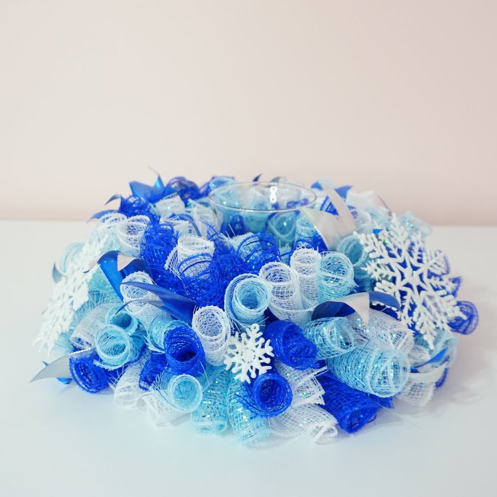 Blue and White Let It Snow Deco Mesh Centerpiece with Snowflake Accents